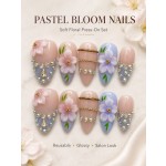 Pastel‑Bloom 3D Floral Press‑On Nails, Medium‑Long Almond Handmade False Nails with Gold Chains & Rhinestones